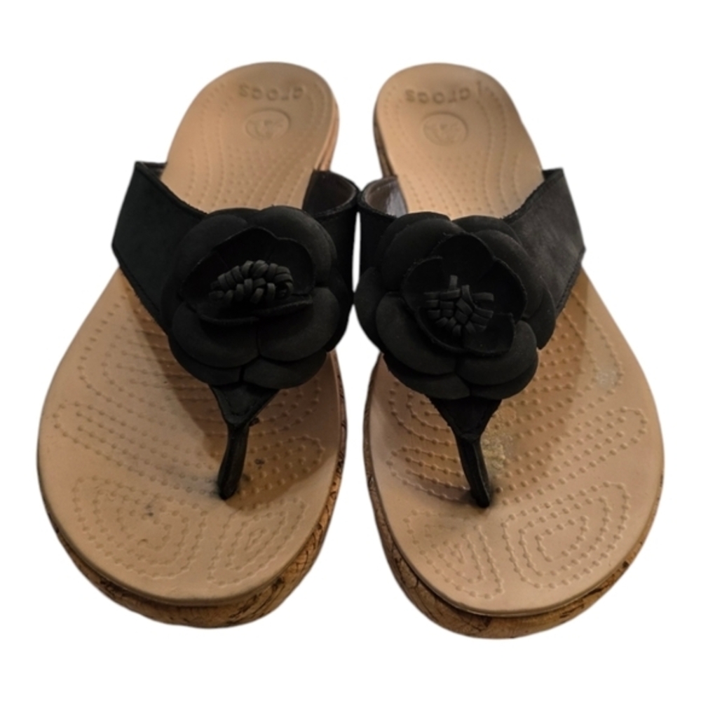 Crocs Black Floral Platform Flip Flop Wedge Sandal W10 Cork Wrap 202636-060